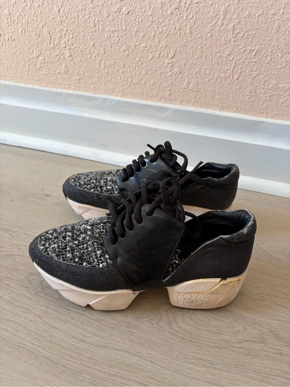 Jeffrey Campbell Black Tweed Platform Lace-Up Sneakers with Cream Sole
